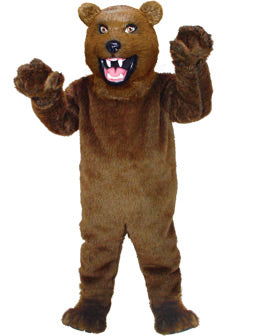 A person in a brown bear mascot costume standing upright with arms raised. The costume includes a solid brown body, head with eyes and teeth, and brown gloves.