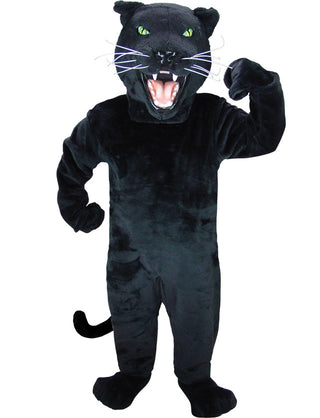 A person in a black panther mascot costume with a solid black body, head with green eyes, and a long tail.