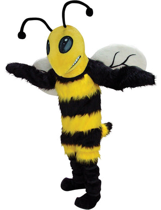 A standing honeybee mascot costume with a yellow and black striped body, black arms, white wings, and black furry leggings.