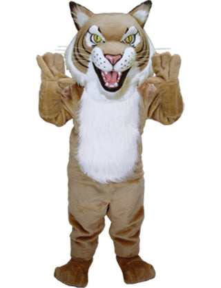 A person in a tan and white wildcat mascot costume with black stripes around the face, displaying the costume's full appearance with hands raised.