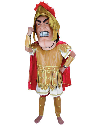 A person in a Trojan mascot costume with a gold gladiator style uniform, a red cape, and a gold helmet with a red accent plum.