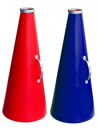 Two cheerleader megaphones, one red and one blue, with aluminum handles.