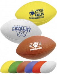 A collection of foam footballs in various solid colors and with team logos printed on them.