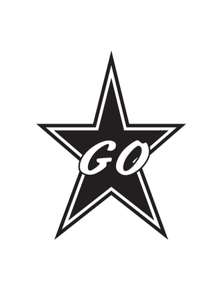 A temporary tattoo featuring a black star with the word 'GO' in white letters.