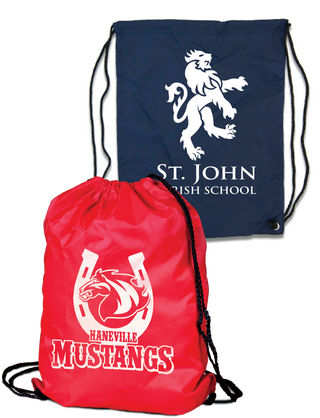 Two cinch bags, one red with the text 'MARIETTA MUSTANGS' and the other blue with the text 'St. John's School'.