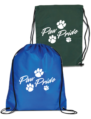 Two cinch bags, one green and one blue, each featuring a white 'Paw Pride' print on the front.