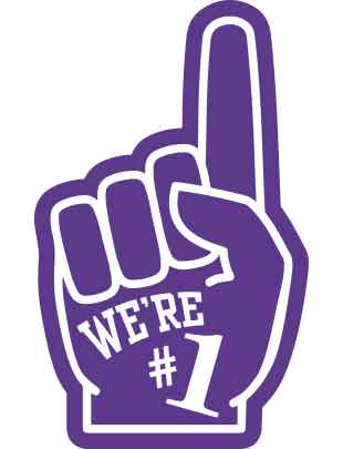 A purple foam finger temporary tattoo with the text 'WE'RE #1' printed on it.