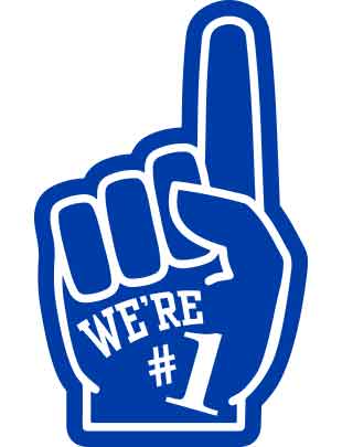 A blue foam finger temporary tattoo with the phrase 'WE'RE #1' printed on it.