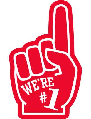 A red foam finger temporary tattoo with the phrase 'WE'RE #1' printed in white.