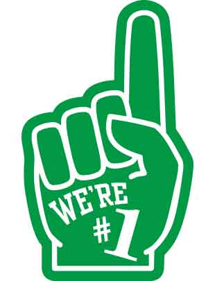 A temporary tattoo of a green foam finger with the text 'WE'RE #1' printed on it.