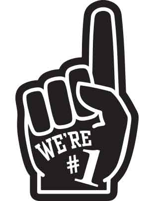 A black foam finger temporary tattoo with the phrase 'WE'RE #1' printed on it.
