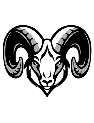A black and white temporary tattoo of a ram head.