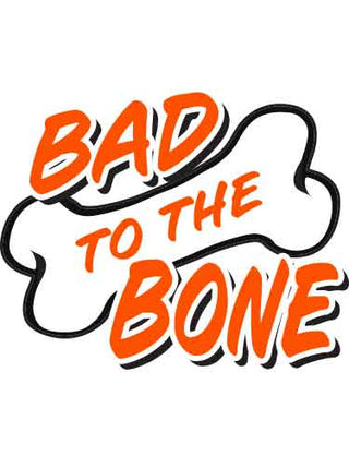 Temporary tattoo design with the text 'BAD TO THE BONE' in bold capital letters, stylized in a orange and black color scheme, resembling a traditional tattoo.