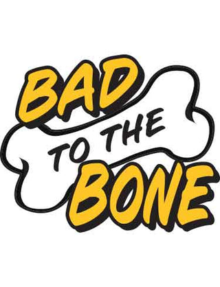 Temporary tattoo design with the phrase 'BAD TO THE BONE' in bold, capital letters, filled with gold color, against a white background.