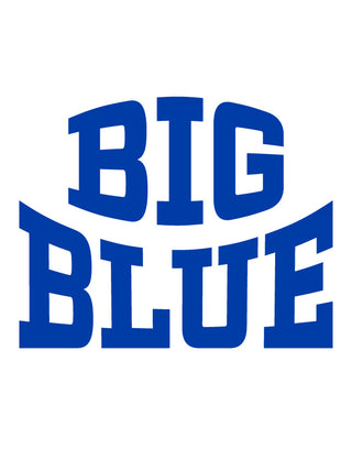 A blue temporary tattoo of the words 'BIG BLUE' arched in an elliptical shape.