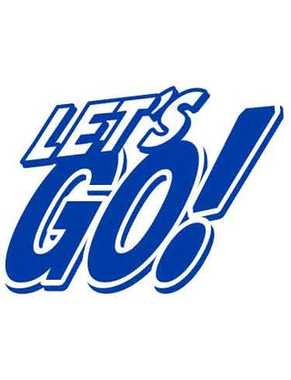 A temporary tattoo with the text 'LET'S GO!' in royal blue ink.