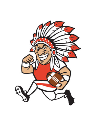 A colorful temporary tattoo featuring a running Indian character wearing a headdress and holding a football.