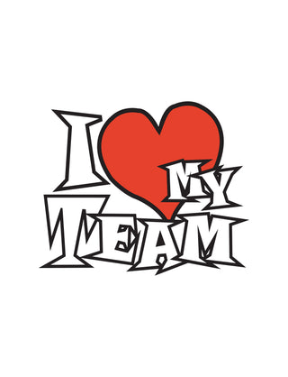 Temporary tattoo design with the phrase 'I Love My Team' written in stylized text with a red heart symbol replacing the word 'Love'.