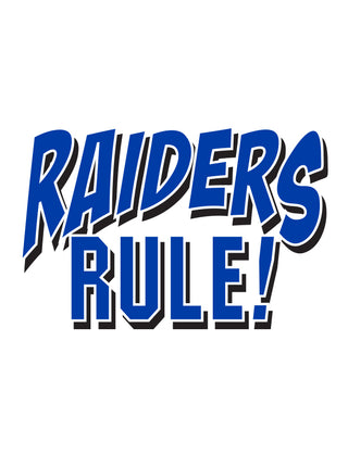 Temporary tattoo with the text 'RAIDERS RULE!' in blue ink.