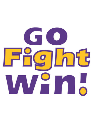 Temporary tattoo with the text 'GO Fight Win!' in purple and gold colors.