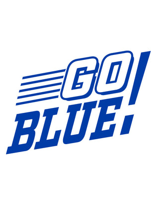 Temporary tattoo featuring the text 'GO BLUE!' in royal blue ink with motion lines.