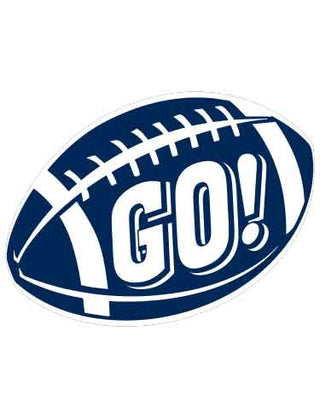 A navy blue and white football-shaped temporary tattoo with the word 'GO!' on it.