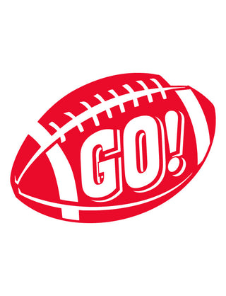 A red waterless tattoo in the shape of a football with the word 'GO!' in white.