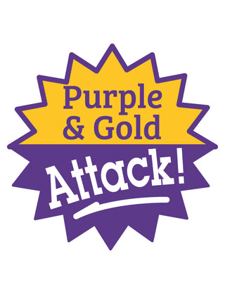 A temporary tattoo featuring a sunburst design with purple and gold colors and the text 'Purple & Gold Attack!' in a bold font.