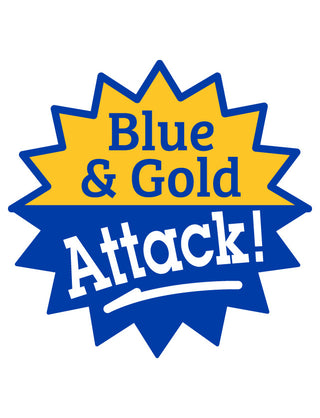 A temporary tattoo featuring text 'Blue & Gold Attack!' with a starburst background in blue and gold colors.