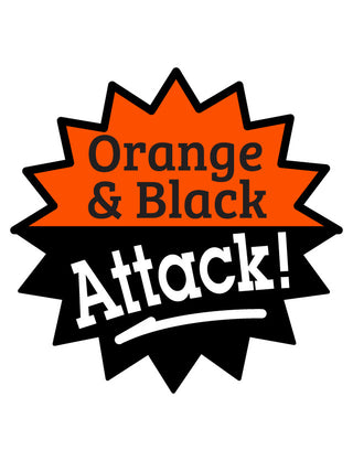 Temporary tattoo featuring text 'Orange & Black Attack!' in an orange and black color scheme resembling a team logo.