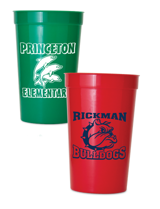 two stadium cups, one green and one red with custom text