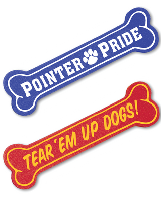 Two foam dog bones with text on them. One is blue with the text 'POINTER PRIDE' and the other is red with the text 'TEAR'EM UP DOGS!'.