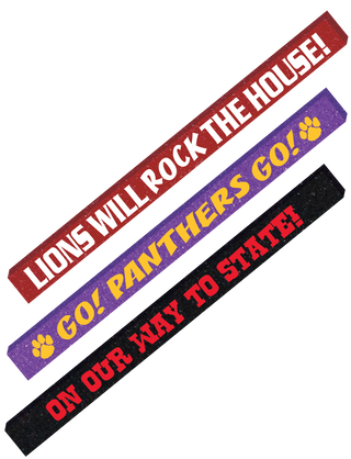 A collection of foam spirit sticks with various school spirit messages and colors, including red, purple, and black.