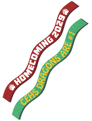 Two foam worm wavers with school spirit messages. One is red with 'HOMECOMING 2029' and the other is green with 'DRAGONS ARE #1'.