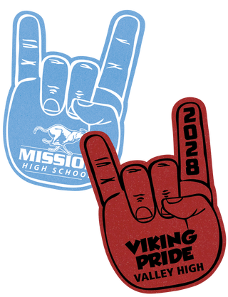 Two foam hands with one raised index finger, one in blue with a white imprint, and the other in red with a red imprint.