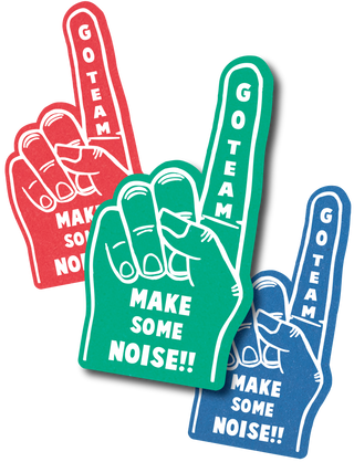 3 foam fingers that say "Go Team Make Some Noise!". Red, green and blue