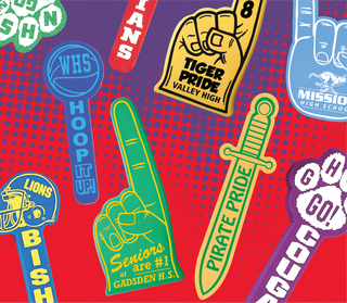 a collage of custom printed foam items on a red and purple background
