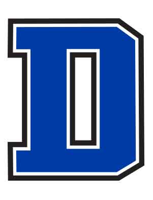 A temporary tattoo in the shape of the letter 'D' with a blue fill and black contour.