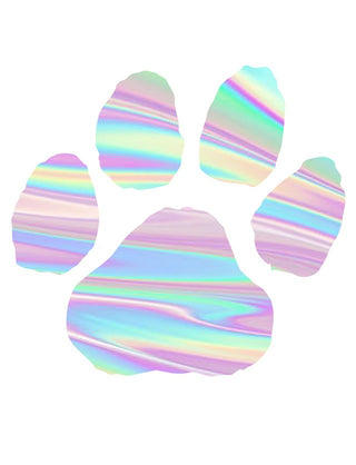 A holographic metallic paw print temporary tattoo in multicolor.