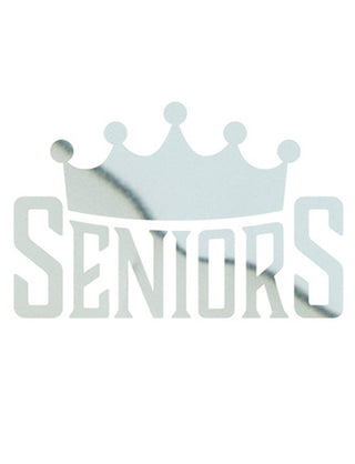 Temporary tattoo with the word 'SENIORS' in bold letters, topped with a crown, all in silver metallic color.