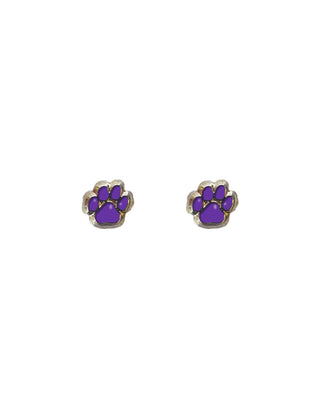 A pair of silver mini paw print earrings with purple enamel centers.