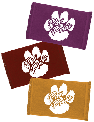 Three rectangular victory towels with 'Paw Pride' text design, in purple, red, and orange colors.