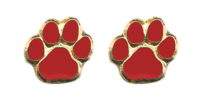 A pair of gold-colored paw print earrings with red enamel.
