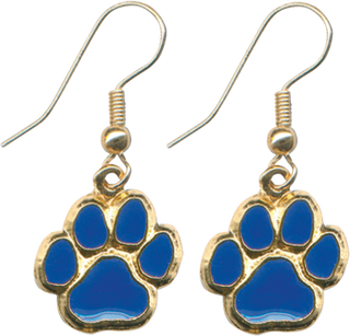 A pair of dangle earrings featuring a gold paw print design with royal blue accents.