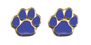 A pair of gold-colored, blue enamel paw print earrings.