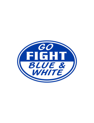 A blue and white temporary tattoo with the text 'GO FIGHT BLUE & WHITE' encircled in a oval shape.