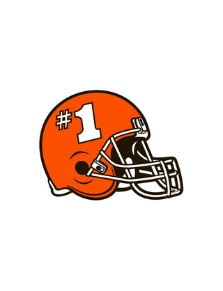 An orange football helmet with the number #1 on it, designed as a temporary tattoo.