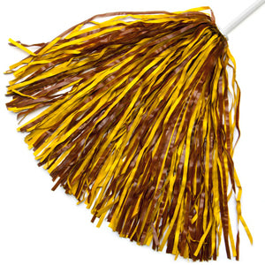 a brown and yellow gold pom pom shaker on a plain white stick handle