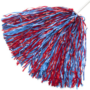 a red and Columbia blue pom pom shaker on a plain white stick handle