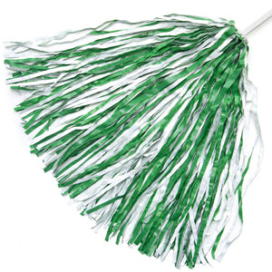 a green and white pom pom shaker on a plain white stick handle